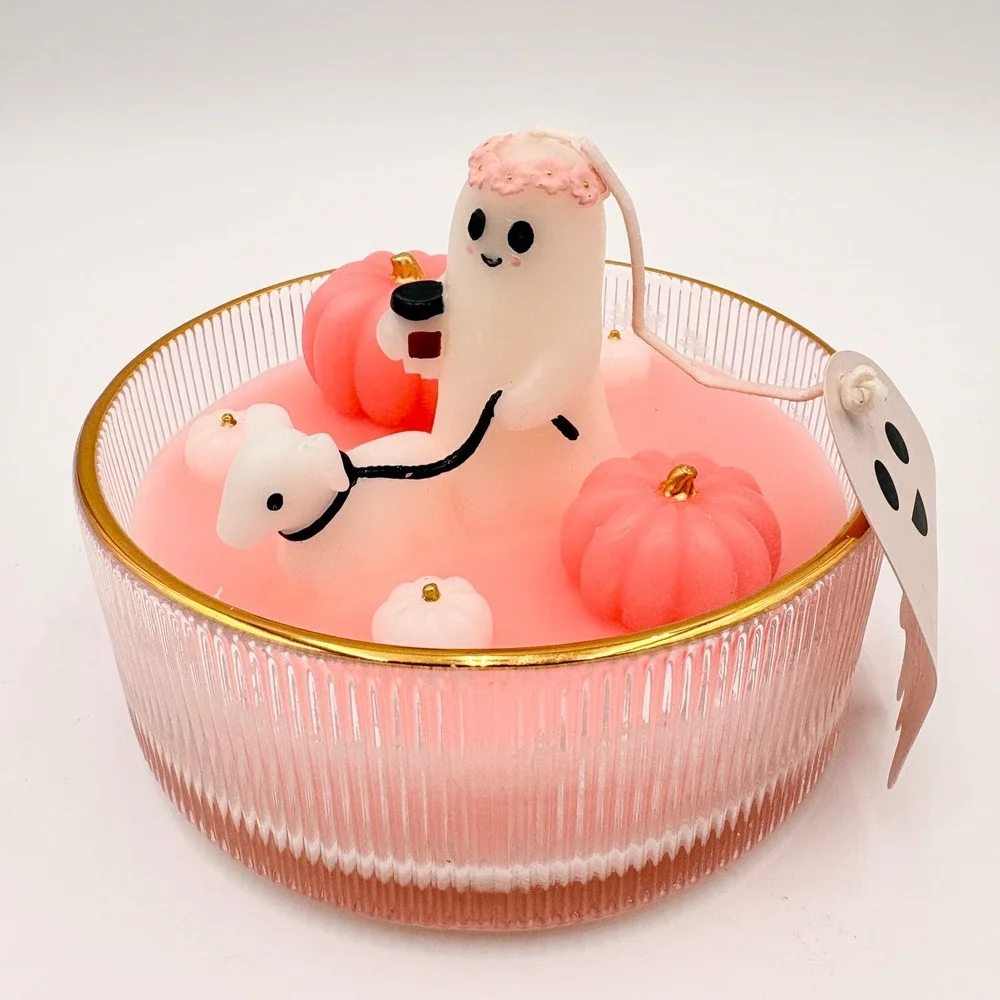 Afternoon Stroll Pink Halloween Ghost Dog Pumpkin Scented Candle Pinkoween